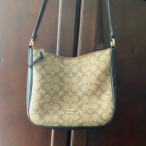 Coach Brown Signature Canvas Shoulder Bag with Black Trim